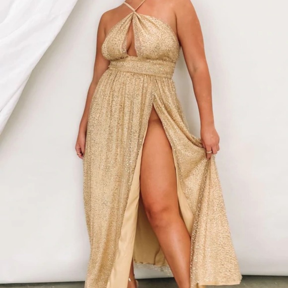 Gold Shimmer High Slit Maxi Dress - Picture 3 of 6